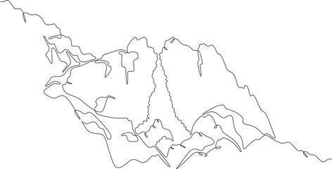 Waterfall in the mountains. Beautiful mountain waterfall. Rocky landscape. One continuous line. Linear. Hand drawn, white background