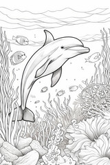 coloring page of a dolphin underwater scene in a line art hand drawn style for kids