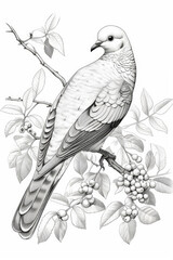 coloring page of a dove or pigeon in a line art hand drawn style for kids