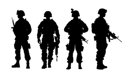 Soldier and Army Force Silhouettes, Soldier, army silhouettes. Army soldiers with gun silhouette - obrazy, fototapety, plakaty
