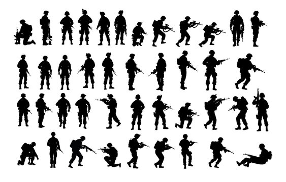 Soldier and Army Force Silhouettes, Soldier, army silhouettes. Army soldiers with gun silhouette