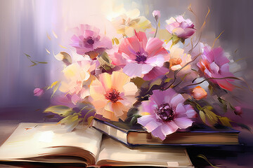 Painting of book with flowers on top. Perfect for book lovers and nature enthusiasts.