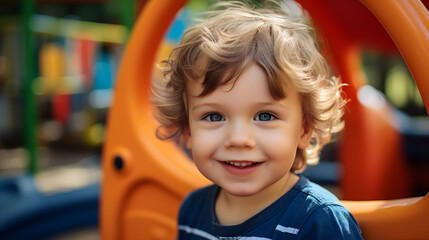Fototapeta na wymiar Portrait of happy little boy on outdoor playground in kindergarten, happy child, lifestyle.