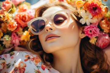 Woman wearing sunglasses and flower crown on her head. This image can be used to represent summer, music festivals, fashion, or outdoor events. - Powered by Adobe