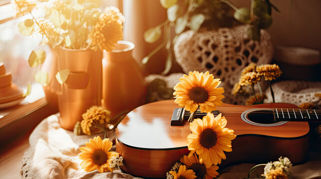 an acoustic guitar with flowers around it