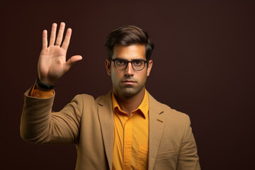 Obraz premium Professional-looking man in suit and glasses is making stop sign gesture. This image can be used to depict caution, warning, or traffic safety concepts.