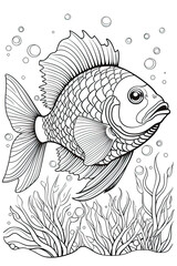 coloring page of a goldfish fish underwater background in a line art hand drawn style for kids