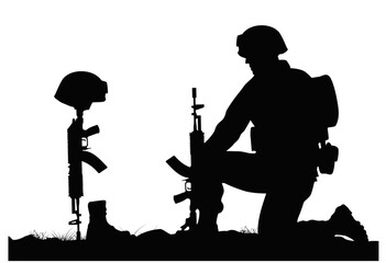 Army soldier in sorrow for fallen comrade, standing on knee, leaning on rifle, look at Helmet Gun and Rifle in Combat Boots - obrazy, fototapety, plakaty