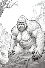 coloring page of a king kong, monkey or gorilla in a line art hand drawn style for kids