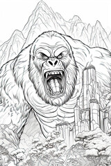 coloring page of a king kong, monkey or gorilla in a line art hand drawn style for kids