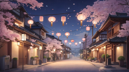 street view in cherry blossom night AI generated