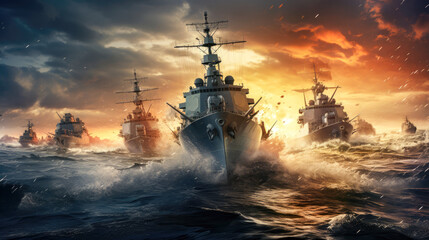 The battle of the two-storeyed cruiser in the sea. - obrazy, fototapety, plakaty