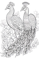 Fototapeta premium Collection of two stylized peacocks in a line art hand drawn style for kids