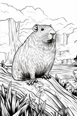 coloring book page of a capybara in a line art hand drawn style for kids
