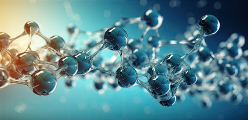 the molecule is watery on blue and black background with white and gold bubbles