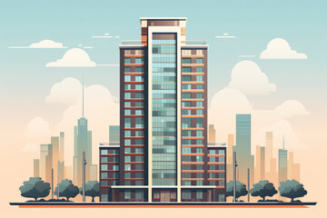 Illustration of a modern city skyline, a single building in front prominently displayed