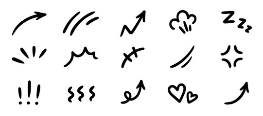 Line movement effect element, cartoon emotion effect decoration icon. Hand drawn cute doodle line element arrow, emphasis, shock, sparkle. Anime movement, express shape. Vector illustration. - obrazy, fototapety, plakaty