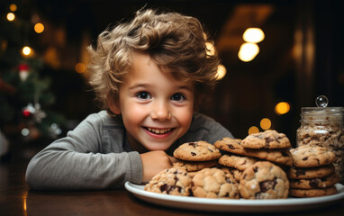 Naklejka premium Funny child boy eats Christmas cookies