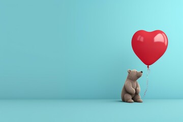 Valentine's Day background. Bear with heart-shaped balloon. Negative space. Color. Horizontal. Generative AI