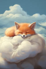Fototapeta premium Cute red fox sleeping on a cloud watercolor drawing. Generative AI