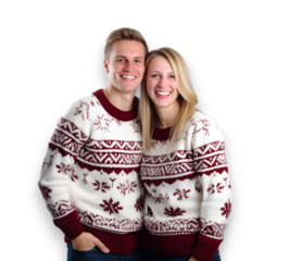 happy young couple in Christmas ungly jumper on transparent background