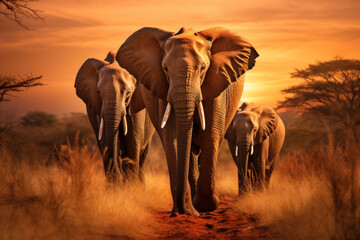 Obraz premium Adult elephant on african savannah in sunset. Created with Generative AI
