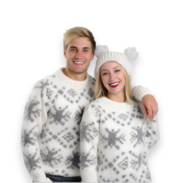 happy young couple in Christmas ungly jumper smile to camera isolated on transparent background