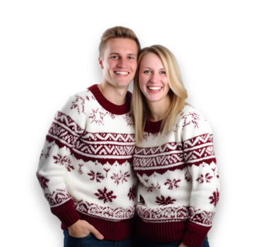 happy young couple in Christmas ungly jumper on transparent background
