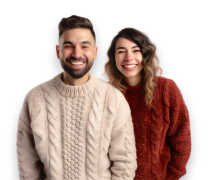 young couple wearing matching Christmas-themed sweaters, smile at the camera. isolated on transparent background.  - Powered by Adobe