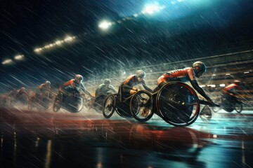 paraplegic athlete speeding along sports track in wheelchair race - obrazy, fototapety, plakaty