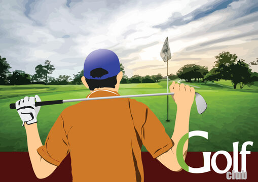 Golf club background with golfer man image. Vector 3d illustration