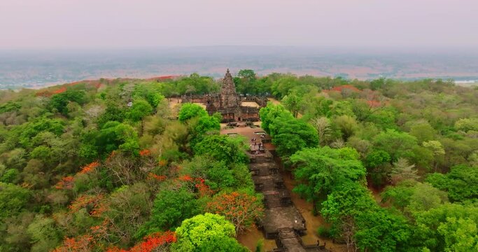 An aerial view of the Hindu Khmer&nbsp;temple at Prasat Hin Phanom Rung, The most famous tourist attraction in Buriram, Thailand.
