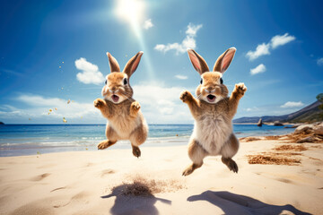 Two funny rabbits jumping on the beach