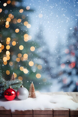 Snow Christmas Table Display. Winter Snow falling. Holiday Decoration Christmas tree xmas. Golden Glitter Sparkling Bokeh. Light White Empty Copy Space Display Mock up Vertical 