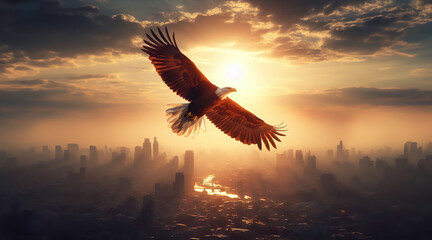 A soaring eagle braves the sun's lights.