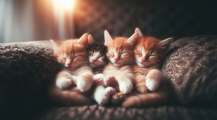 Four kittens are sleeping on the sofa, cuddling together and looking adorable. This is a heartwarming sight. - obrazy, fototapety, plakaty