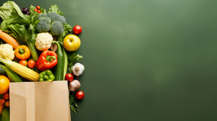Groceries in a paper shopping bag on a green background, copy space