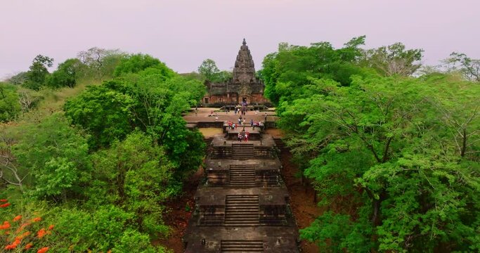 An aerial view of the Hindu Khmer&nbsp;temple at Prasat Hin Phanom Rung, The most famous tourist attraction in Buriram, Thailand.