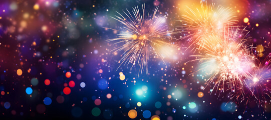 Colorful FIREWORK in the night BANNER -  Abstract Holiday Celebration New Year Dark Bokeh BACKGROUND