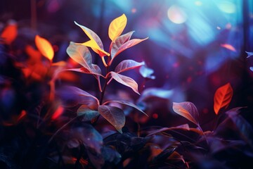 Vibrant foliage with new growth and blurred lights. Generative AI