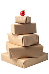 Christmas Wrapped gifts in kraft paper. Christmas tree made of gifts with a red ball