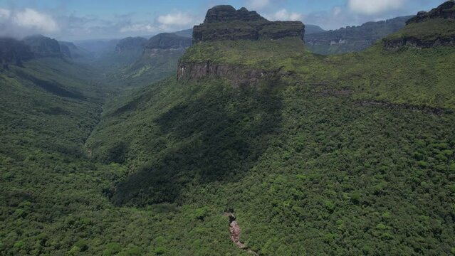 Drone video of Vale do Pati in Chapada Diamantina, Bahia, Brazil. Valley with cerrado and caatinga biome, sunny day, abundant nature, hills and valley