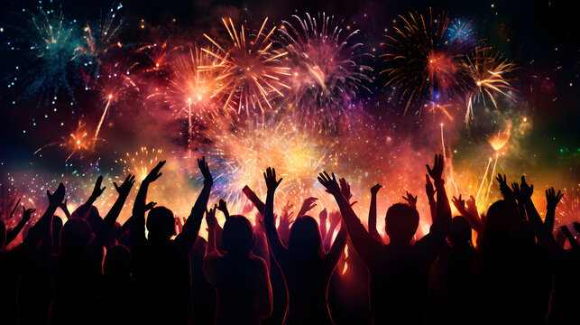 New Year Fireworks Party in the Night. Crowd celebrating New Years Eve. Drunk People Silhouette. Wallpaper Banner Background 