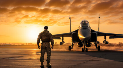 Air Force fighter jet on the runway at sunset. Military aircraft. - obrazy, fototapety, plakaty