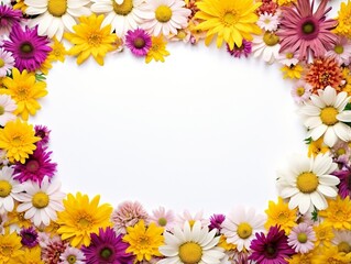 Fototapeta premium Border of flowers on white background with blank white text space generative ai
