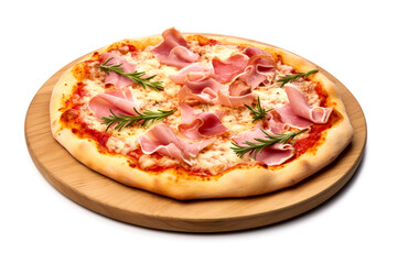 Pizza with ham and rosemary isolated on a white background.