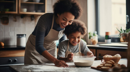 Mother teaching young daughter how to prepare food and cook in the kitchen - obrazy, fototapety, plakaty