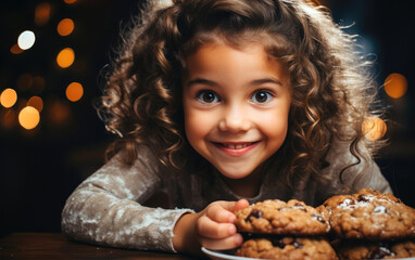 Naklejka premium Funny child girl eats Christmas cookies