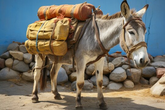 A donkey equipped with a seat and luggage for a means of travel
