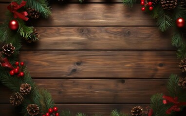Merry Christmas wreath on a wooden background, copy space in the center. Holiday frame for greeting cards, banners and posters. AI Generative